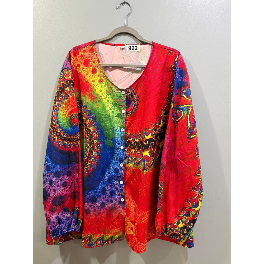 Rainbow Fractal Psychedelic Print Button Down Blouse Long Sleeve Top Red Multi